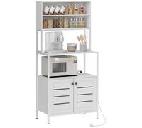 HOMCOM Étagere Cuisine avec Multiprise Style Moderne 80x42x171 cm Blanc | Meuble Micro-Onde, Étagère Rangement Cuisine, Placard Double Porte à Persiennes, Compartiments Ouverts