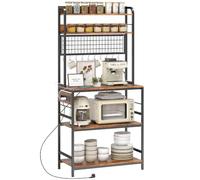 HOMCOM Étagère Cuisine avec Prise Multiple 80x40x170cm Brun Rustique | Étagère micro-ondes réglable, 5 niveaux, panneau grillagé, 10 crochets, vintage, cadre en acier