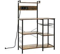 HOMCOM Étagere Cuisine Style Industriel 90 x 42 x 130 cm Marron Rustique | Meuble Micro-onde, Étagère Rangement Cuisine, Prise de Courant, Chargeur USB, 5 Crochets, Panier en Maille