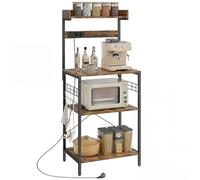 HOMCOM Étagère de Cuisine avec 2 Prises électriques, étagère de Boulangerie Industrielle avec Station à café, étagère pour Micro-Ondes, étagère réglable, Crochets, 60 x 42 x 137 cm, Marron Rustique