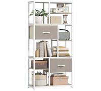 HOMCOM Étagère de rangement 6 niveaux, bibliothèque avec 2 tiroirs en tissu, 9 étagères ouvertes, meuble de rangement cadre en acier pour salon, bureau, chambre, 72,5 x 30 x 150 cm, aspect bois, blanc