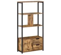 HomCom Bibliothèque industrielle 3 étagères avec porte et 2 tiroirs acier noir bois