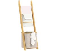HOMCOM Etagère de Salle de Bain en Bambou, Porte-Serviettes à 3 Barres, Panier à Linge extractible 48 L, pour Chambre à Coucher, buanderie, crème