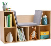 HOMCOM Étagère pour enfants Bibliothèque avec pouf Banc pour enfants avec 6 compartiments Coffre à jouets avec 3 coussins à partir de 3 ans Gris+Nature 103 x 30 x 62 cm