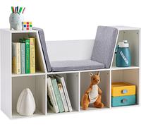 HOMCOM Étagère pour enfants Bibliothèque avec pouf Banc pour enfants avec 6 compartiments Coffre à siège avec 3 coussins Coffre à jouets à partir de 3 ans Blanc+Gris 103 x 30 x 62 cm