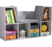 HOMCOM Étagère pour enfants Bibliothèque avec pouf Banc pour enfants avec 6 compartiments Coffre à siège avec 3 coussins Coffre à jouets à partir de 3 ans Gris 103 x 30 x 62 cm