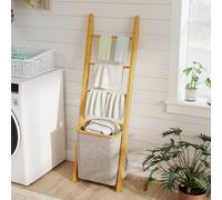 HOMCOM Étagère pour Salle de Bain en Bambou Porte-Serviettes sur Pied avec 3 Barres Panier à Linge Amovible de 48 L Crème