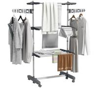 HOMCOM Étendoir à Linge 3 Niveaux, Sechoir a Linge avec 6 roulettes, Pliable, Cadre en Acier Inoxydable et Ailes Latérales, pour Intérieur Extérieur, 142 x 55 x 152 cm, Gris