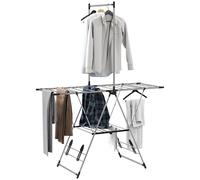 HOMCOM Étendoir à linge vertical pliable Egouttoir, avec ailes réglables sur 5 niveaux, 4 supports pour chaussures, barre et étagère, cadre en acier inoxydable, pour intérieur et extérieur, argenté
