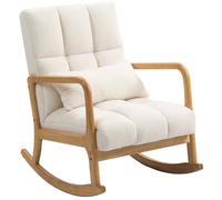 HOMCOM Fauteuil à Bascule 90°-130° avec Coussin Lombaire, Fauteuil de Salon en Tissu Sherpa et Bois, 64.5x82x89 cm, Blanc et Bois