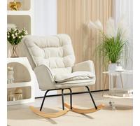 HOMCOM Fauteuil à bascule, assise large, haut dossier, cadre en hêtre, capacité 120 kg, Beige