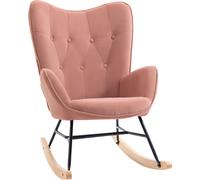 HOMCOM Fauteuil à bascule avec cadre en acier rembourré Relax chaise Fauteuil salon Lounge avec assise rembourrée polyester velouté bois caoutchouc métal rose+nature 84 x 70 x 96 cm
