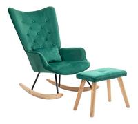 HOMCOM Fauteuil à Bascule avec Pouf, Fauteuil de Relaxation avec Coussin, Aspect Velours, Fauteuil à Oreilles avec Pieds en Bois pour Chambre à Coucher, Salon, 66 x 96 x 101 cm, Vert
