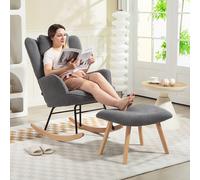 HOMCOM Fauteuil à bascule avec repose-pieds, revêtement en molleton doux, pieds en bois, coussin, dossier haut, fauteuil à bascule, Gris foncé