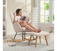 HOMCOM Fauteuil à Bascule avec Repose-Pieds, Revêtement en Peluche Douce, Pieds en Bois, Coussin, Dossier Haut, Fauteuil à Bascule, Beige