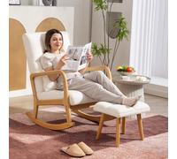 HOMCOM Fauteuil à bascule avec repose-pieds, rocking chair en tissu bouclette, pieds en bois, 64,5 x 82 x 89 cm, blanc