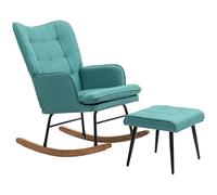 HOMCOM Fauteuil à Bascule avec Tabouret, Fauteuil d'allaitement, Aspect Lin, capacité de Charge jusqu'à 130 kg, pour Chambre à Coucher, Salon, Vert foncé