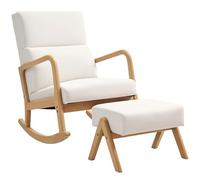 HOMCOM Fauteuil à bascule avec tabouret, fauteuil de relaxation avec aspect lin, fauteuil à bascule avec pieds en bois Fauteuil oscillant pour chambre à coucher, salon, supporte jusqu'à 150 kg, blanc