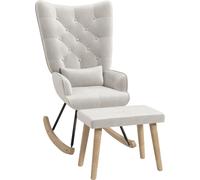 HOMCOM Fauteuil à bascule avec tabouret, fauteuil de relaxation avec coussin, aspect velours, fauteuil à oreilles avec pieds en bois pour chambre à coucher, salon, 66 x 96 x 101 cm, blanc crème