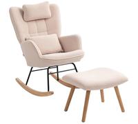 HOMCOM Fauteuil à bascule avec tabouret, rembourré, coussin lombaire, appuie-tête, fauteuil de relaxation avec housse en polaire, dossier haut, fauteuil oscillant pour salon, beige
