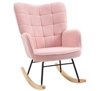 HOMCOM Fauteuil à Bascule, Rocking Chair, revêtement Bouclette, Chaise à Bascule, Structure en Acier, Pieds en Bois Massif, Rose