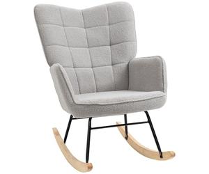 HOMCOM Fauteuil à Bascule, Rocking Chair, revêtement Bouclette, Chaise à Bascule, Structure en Acier, Pieds en Bois Massif, Gris Clair