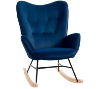 HOMCOM Fauteuil à bascule fauteuil relax fauteuil salon oreilles grand confort aspect velours pieds bois d'hévéa métal bleu