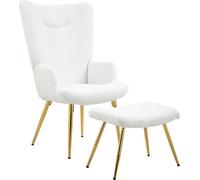 HOMCOM Fauteuil à oreilles avec pouf, fauteuil avec revêtement sherpa, dossier haut, fauteuil lounge avec accoudoirs, pieds en acier pour salon, chambre, blanc