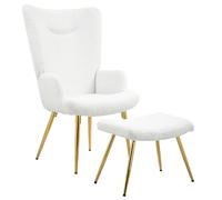HOMCOM Fauteuil à Oreilles avec Pouf, Fauteuil avec revêtement Sherpa, Dossier Haut, Fauteuil Lounge avec accoudoirs, Pieds en Acier pour Salon, Chambre, Blanc
