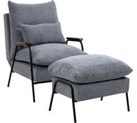 HOMCOM Fauteuil à oreilles avec pouf, fauteuil de relaxation avec fonction chaise longue, fauteuil avec ottomane, fauteuil rembourré avec coussin, fauteuil TV, fauteuil TV, gris clair