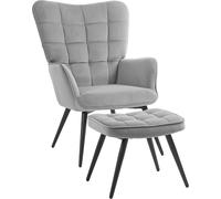 HOMCOM Fauteuil à oreilles avec pouf, fauteuil lounge, fauteuil de relaxation, fauteuil rembourré avec aspect velours, fauteuil TV, chaise de salle à manger jusqu'à 120 kg, pour le salon, gris clair
