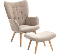 HOMCOM Fauteuil à oreilles avec pouf, fauteuil relax, fauteuil rembourré aspect velours côtelé, fauteuil lounge, fauteuil avec accoudoirs et pieds en bois, fauteuil TV pour le salon, marron