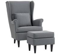 HOMCOM Fauteuil à oreilles, avec tabouret, aspect lin, coussin lombaire et accoudoir, moderne, pour salon, gris