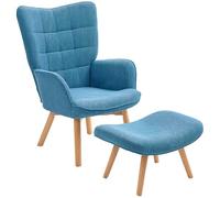 HOMCOM Fauteuil avec Pouf, Fauteuil à Oreilles avec Dossier Haut, Pieds en Bois, Fauteuil Lounge au Design tufté, Aspect Velours côtelé, pour Le Salon, Bleu