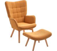 HOMCOM Fauteuil avec pouf, fauteuil à oreilles avec dossier haut, pieds en bois, fauteuil lounge au design tufté, aspect velours côtelé, pour le salon, marron
