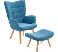 HOMCOM Fauteuil avec pouf, fauteuil à oreilles avec dossier haut, pieds en bois, fauteuil lounge au design tufté, aspect velours côtelé, pour le salon, bleu