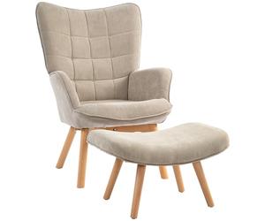HOMCOM Fauteuil avec pouf, fauteuil à oreilles avec dossier haut, pieds en bois, fauteuil lounge au design tufté, aspect velours côtelé, pour le salon, marron clair