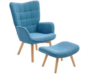 HOMCOM Fauteuil avec Pouf, Fauteuil à Oreilles avec Dossier Haut, Pieds en Bois, Fauteuil Lounge au Design tufté, Aspect Velours côtelé, pour Le Salon, Bleu