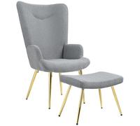 HOMCOM Fauteuil avec Repose-Pied Dossier Haut Pieds Acier Doré Salon Gris