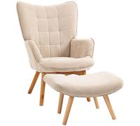 HOMCOM Fauteuil avec Repose Pied, Fauteuil Salon avec Pieds en Bois, Dossier Haut et Tissu Aspect Velours côtelé, pour Salon Chambre à Coucher Beige