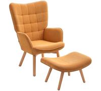 HOMCOM Fauteuil avec Tabouret - Fauteuil à Dossier Haut - Pieds en Bois - Fauteuil de Salon avec Design touffeté - Aspect Velours côtelé - Marron