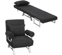HOMCOM Fauteuil chauffeuse canapé-lit Convertible inclinable 1 Place Grand Confort Coussin lombaires accoudoirs piètement métal Lin Noir