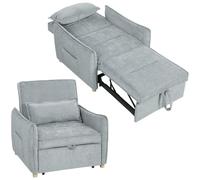HOMCOM Fauteuil Convertible 1 Place 3 en 1 Fauteuil-Lit Chenille Gris | Clic-Clac, Assise Large, Dossier Réglable, Oreiller, Poches Latérales, Canapé-Lit pour Invités, Salon, Petits Espaces