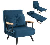 HOMCOM Fauteuil Convertible 1 Place, Fauteuil-lit chauffeuse 3 en 1 avec Dossier réglable 5 Positions, Oreiller, siège rembourré, Tissu Aspect Velours, canapé-lit pour invités, Salon, Bureau, Bleu