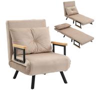 HomCom Fauteuil convertible 3-en-1 1 place – dossier réglable, accoudoirs bois, velours beige