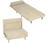 HOMCOM Fauteuil Convertible 3-en-1 en Velours côtelé, lit d’appoint Pliant 1 Place avec Dossier réglable 6 Positions clic-clac, Pieds en métal et Oreiller, Beige