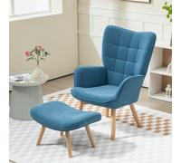 HOMCOM Fauteuil d'Appoint avec Repose-Pieds, Fauteuil Relax en Style Cordon, Fauteuil avec Accoudoirs en Bois, pour Salon, Bleu