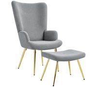 HOMCOM Fauteuil de Lecture avec Repose-Pied et Pieds en Acier doré, Dossier Haut et Tissu de Bouclette, pour Salon et Chambre à Coucher Gris