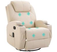 HOMCOM Fauteuil de Massage inclinable, Bascule et pivotant à 360°, Fauteuil de Relaxation, Dossier et Repose-Pieds réglable manuellement, télécommande, Porte-gobelets et Poches latérales, crème