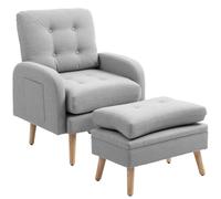 HOMCOM Fauteuil de Relaxation avec Repose-Pied, Fauteuil TV avec Coussins, 2 Poches de Rangement, Support jusqu'à 120 kg, canapé 1 Place capitonné pour Salon Chambre Bureau, en Tissu Lin Gris Clair